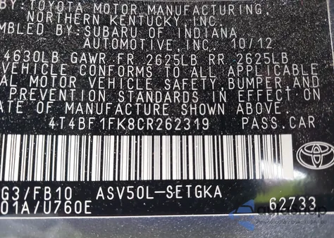 2012 Toyota Camry Xle from USA, damaged, VIN 4T4BF1FK8CR262319